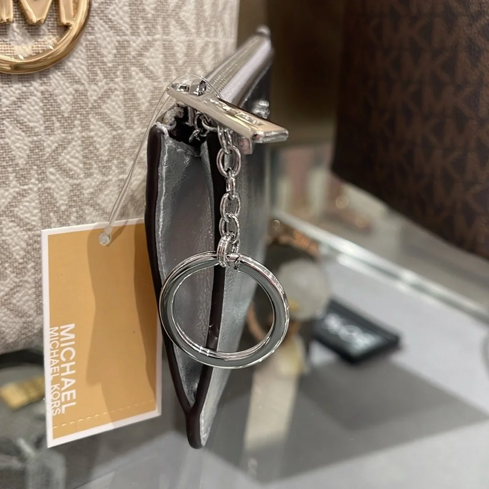 MICHAEL KORS Jet Set Travel Small Top Zip Coin Pouch With ID Silver NWT
